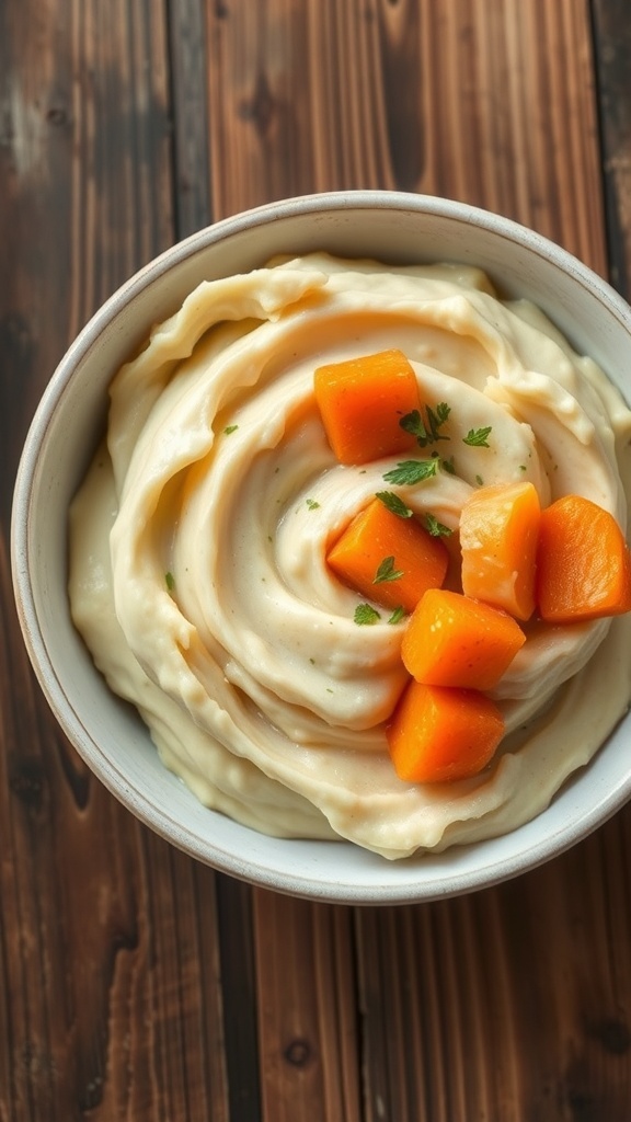 A bowl of creamy mashed root vegetables with potatoes, carrots, and parsnips, garnished with herbs on a rustic table.
